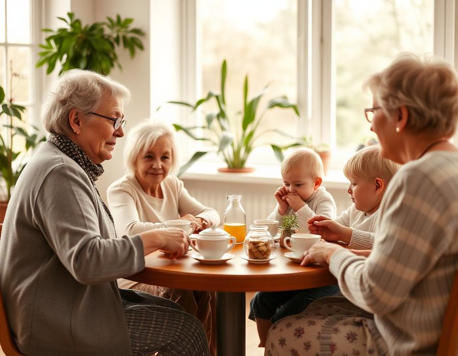Grannies and young families sharing tea and conversation in a community room